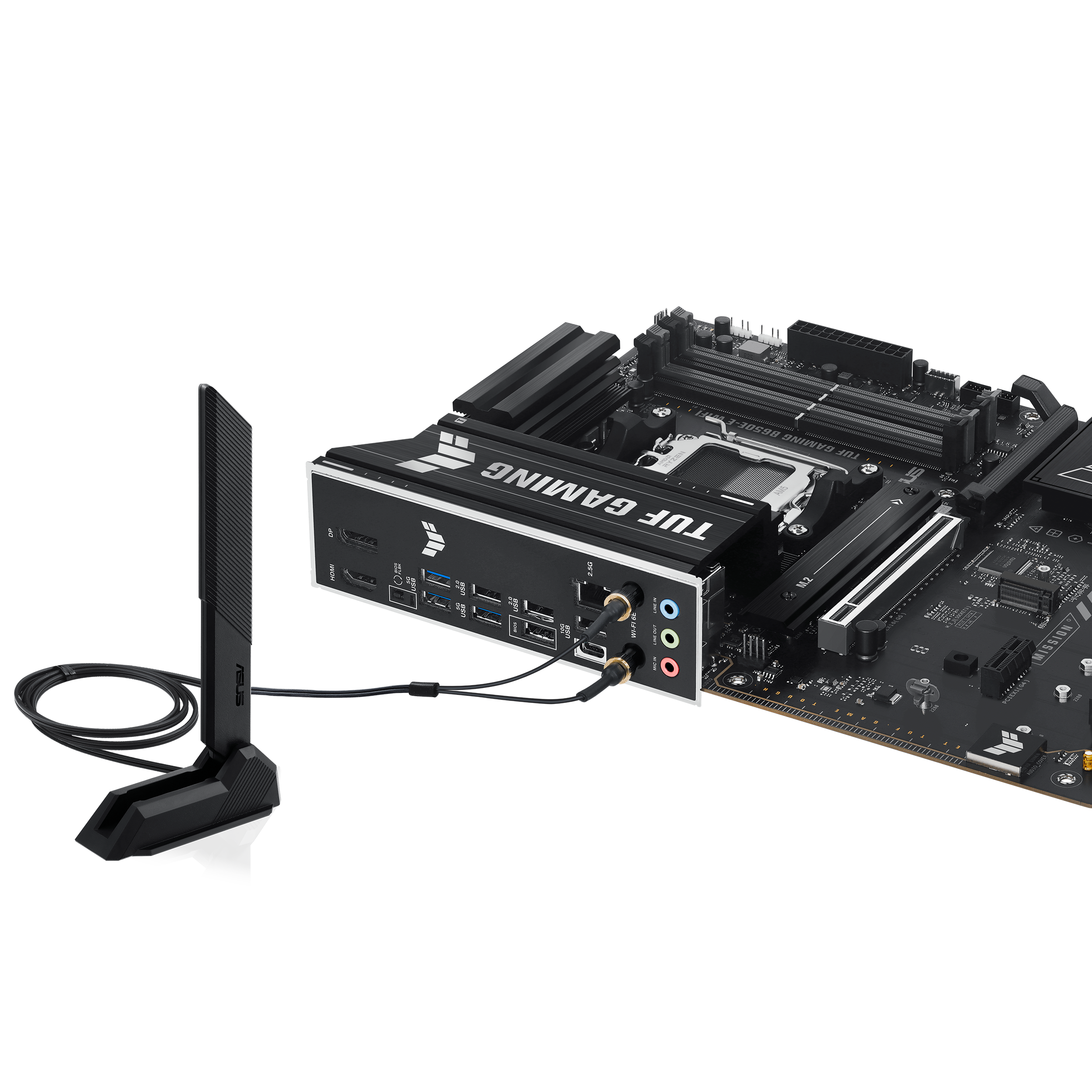 A large main feature product image of ASUS TUF Gaming B650E-E WIFI AM5 ATX Desktop Motherboard