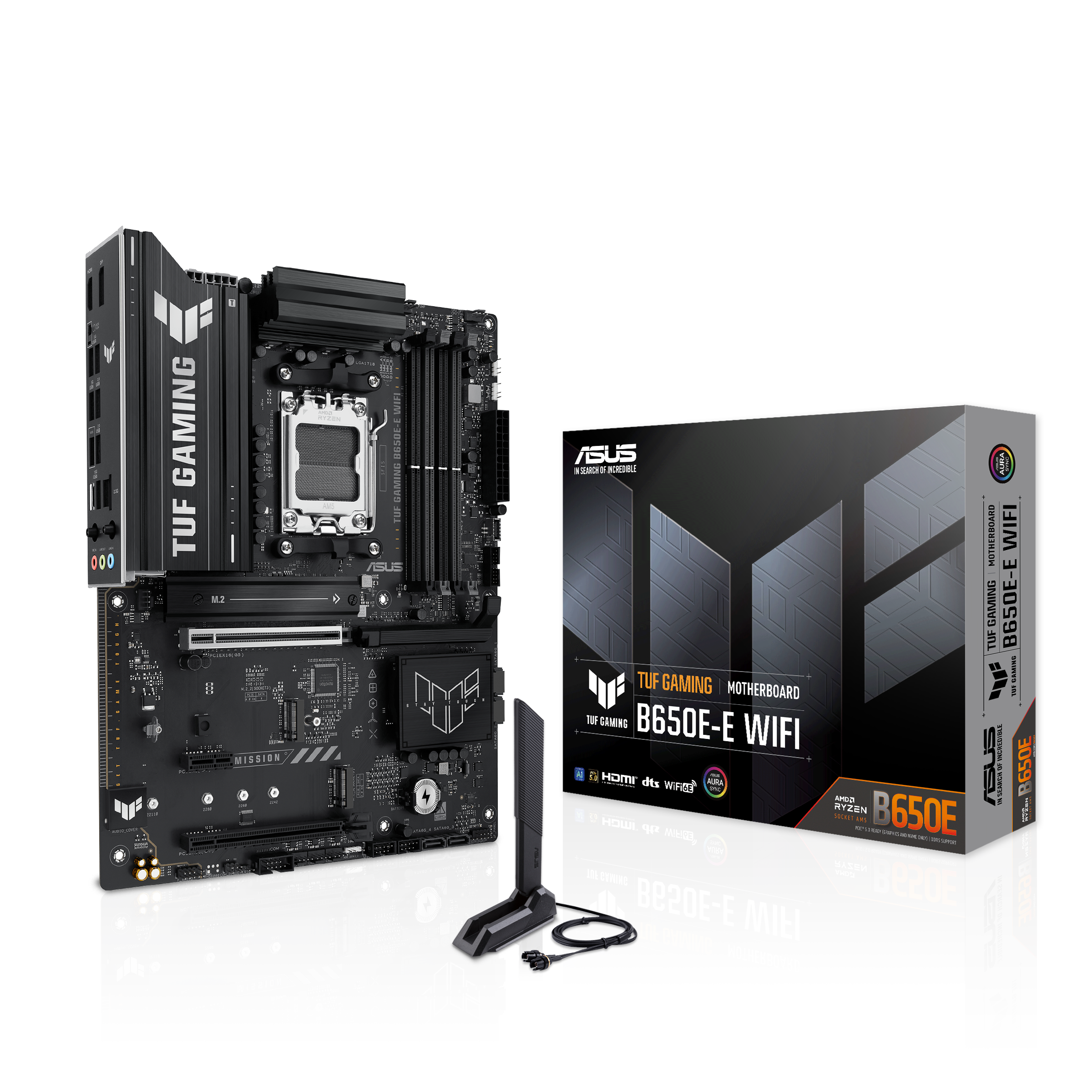 A large main feature product image of ASUS TUF Gaming B650E-E WIFI AM5 ATX Desktop Motherboard