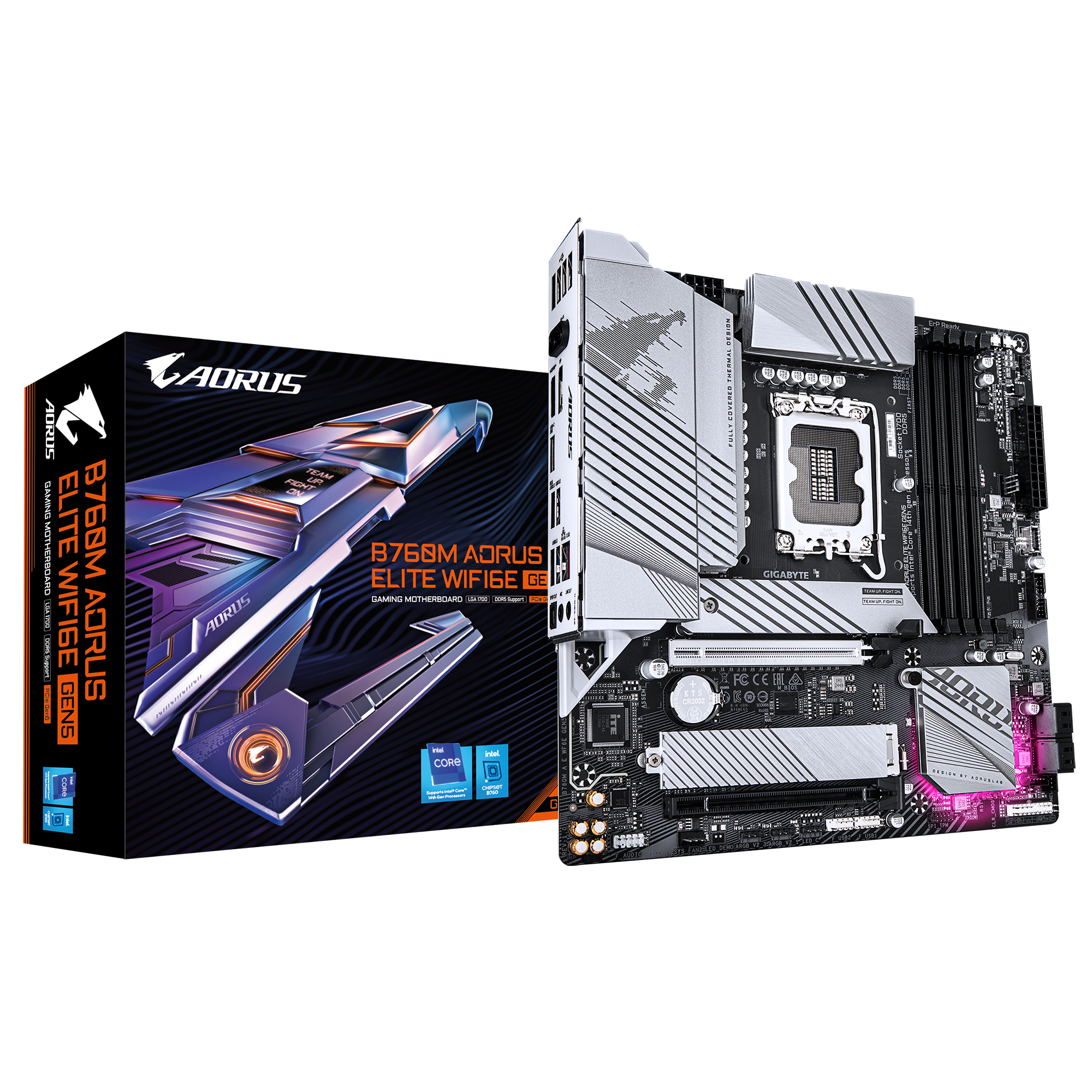 A large main feature product image of Gigabyte B760M AORUS ELITE WiFi6E GEN5 LGA1700 mATX Desktop Motherboard