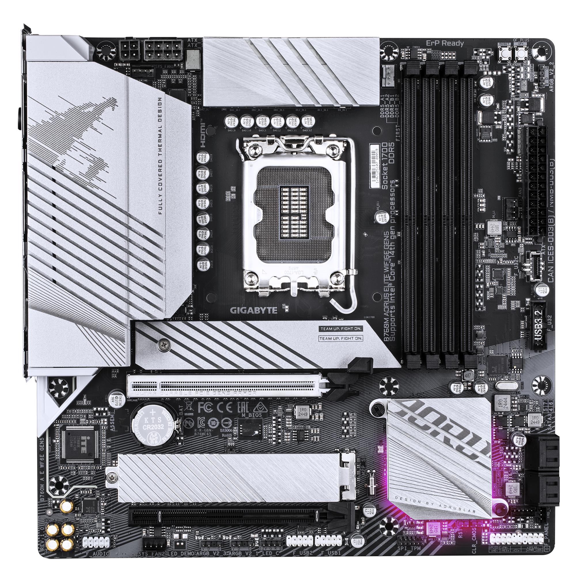 A large main feature product image of Gigabyte B760M AORUS ELITE WiFi6E GEN5 LGA1700 mATX Desktop Motherboard