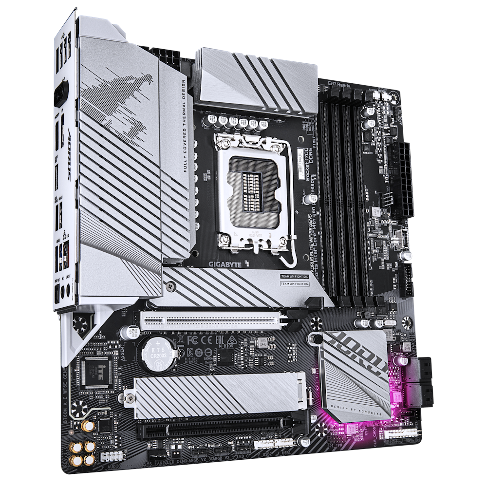 A large main feature product image of Gigabyte B760M AORUS ELITE WiFi6E GEN5 LGA1700 mATX Desktop Motherboard