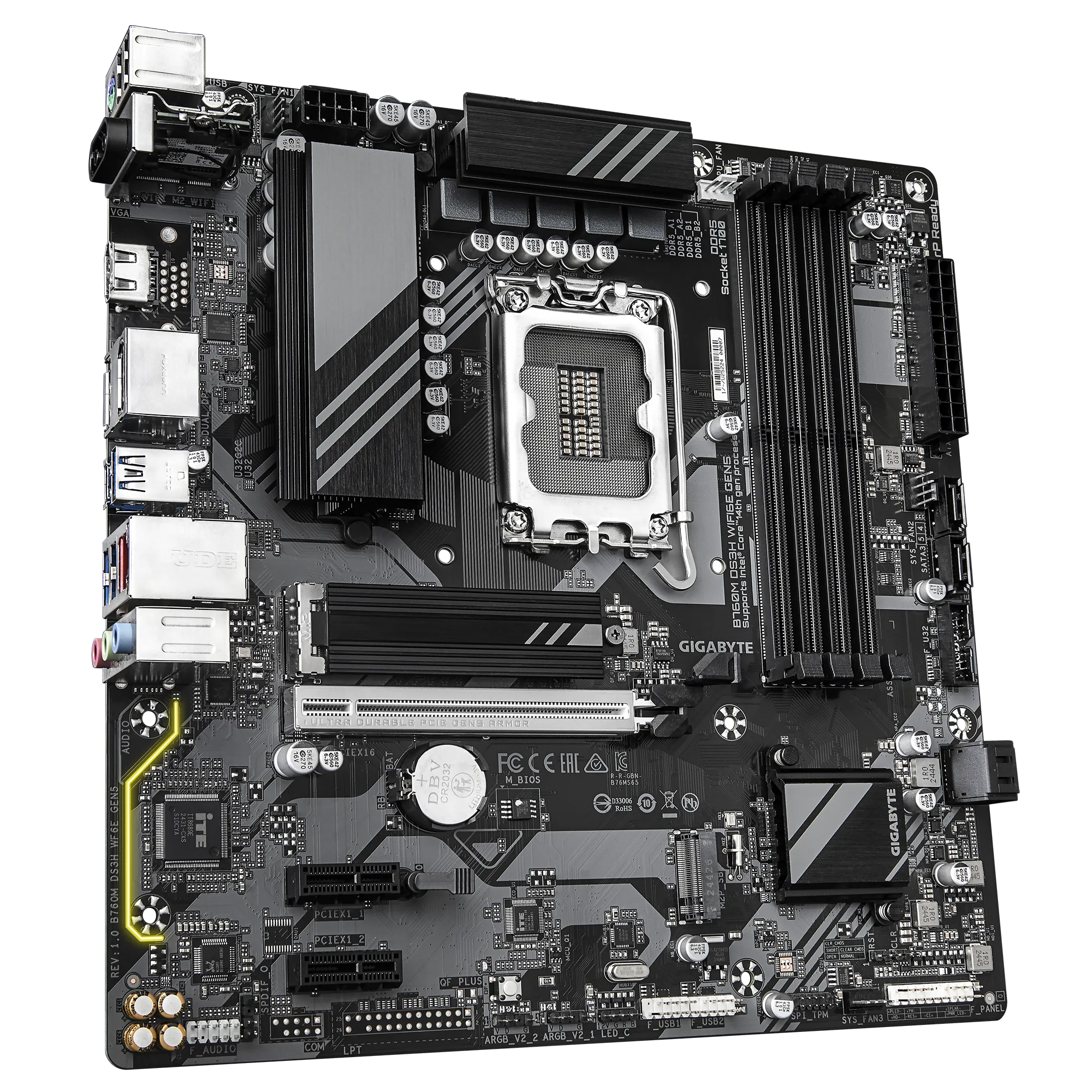 A large main feature product image of Gigabyte B760M DS3H WiFi6E GEN5 LGA1700 mATX Desktop Motherboard