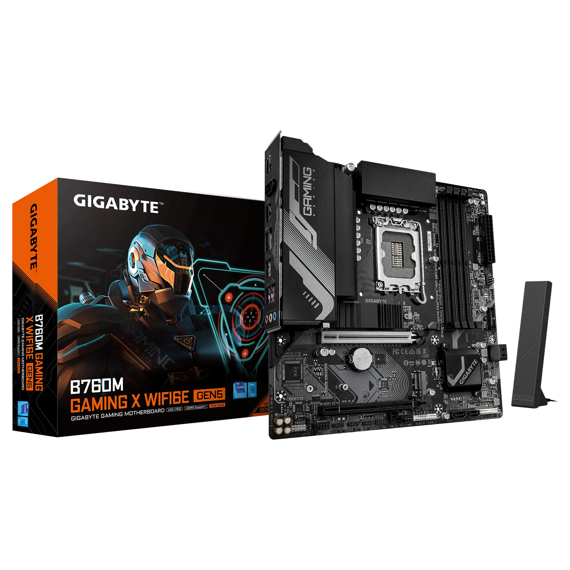 A large main feature product image of Gigabyte B760M Gaming X WiFi6E GEN5 LGA1700 mATX Desktop Motherboard
