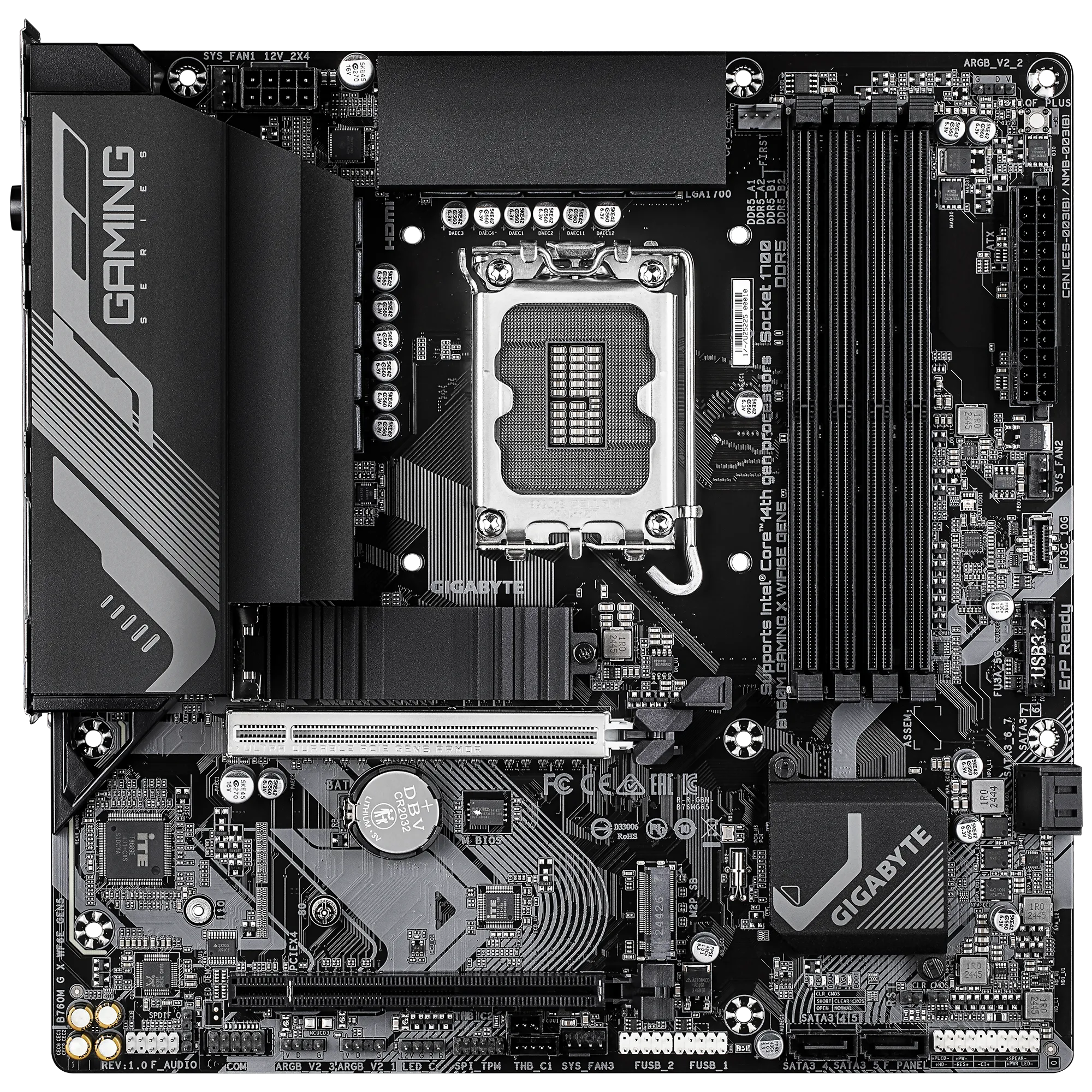 A large main feature product image of Gigabyte B760M Gaming X WiFi6E GEN5 LGA1700 mATX Desktop Motherboard