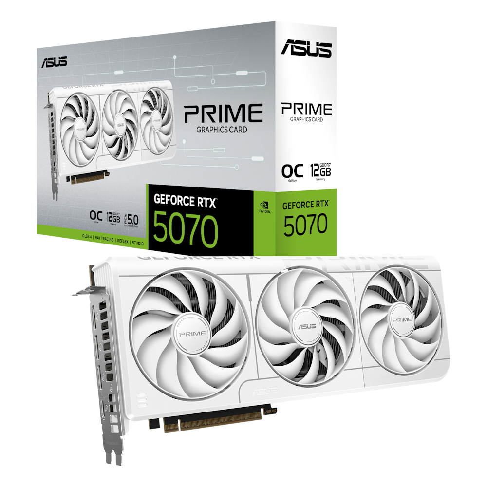 A large main feature product image of ASUS GeForce RTX 5070 Prime OC 12GB GDDR7 - White