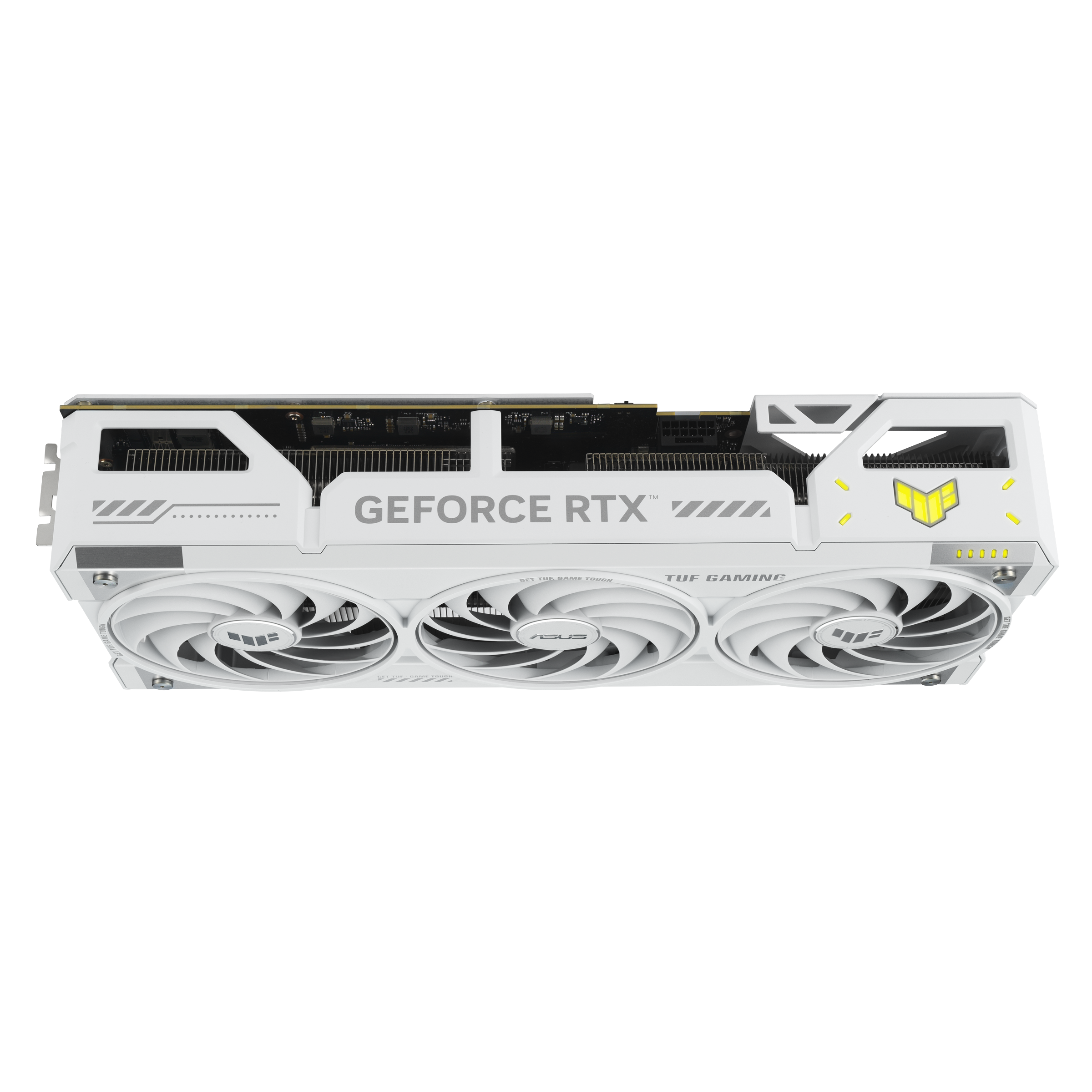 A large main feature product image of ASUS GeForce RTX 5070 Ti TUF Gaming OC 16GB GDDR7 - White