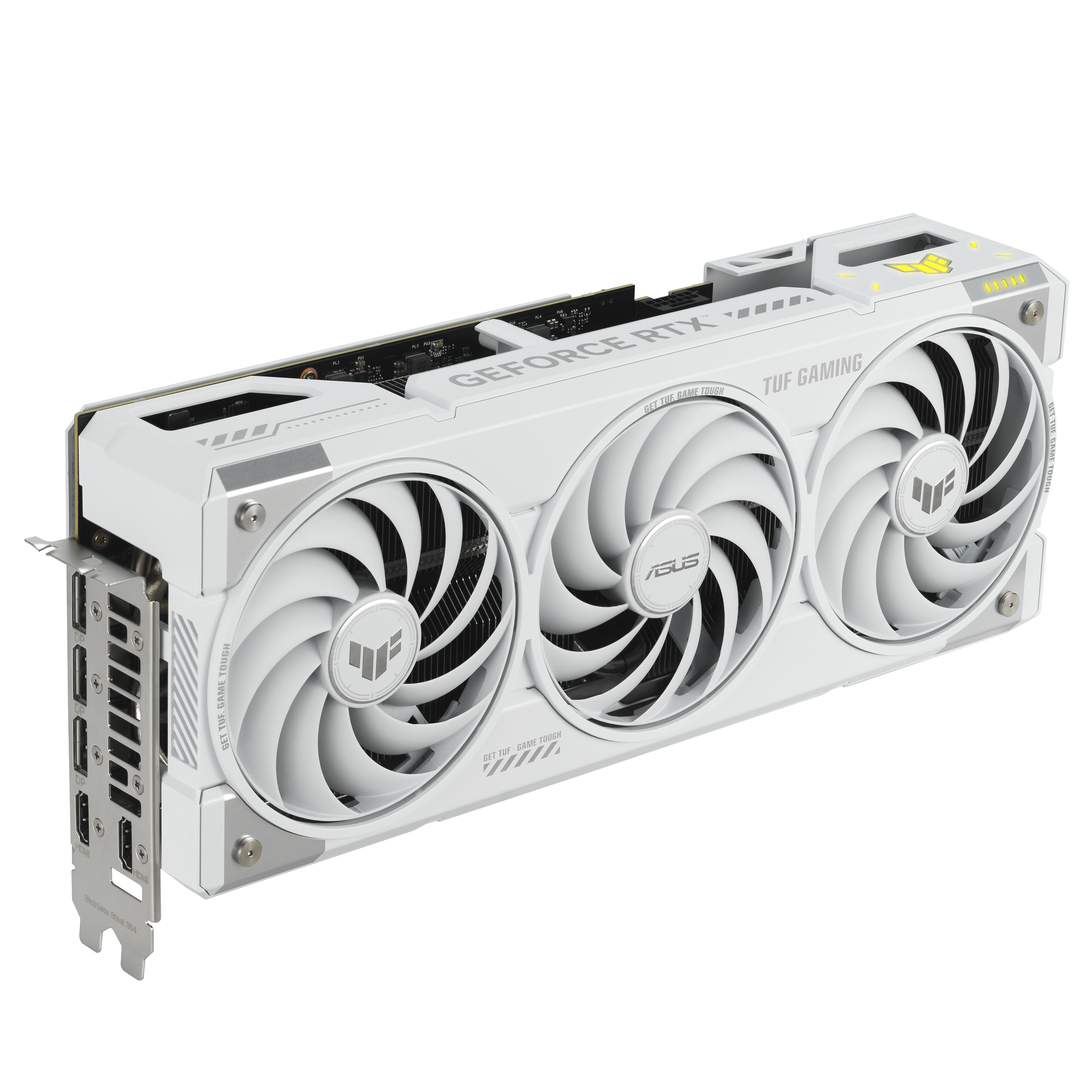 A large main feature product image of ASUS GeForce RTX 5070 Ti TUF Gaming OC 16GB GDDR7 - White