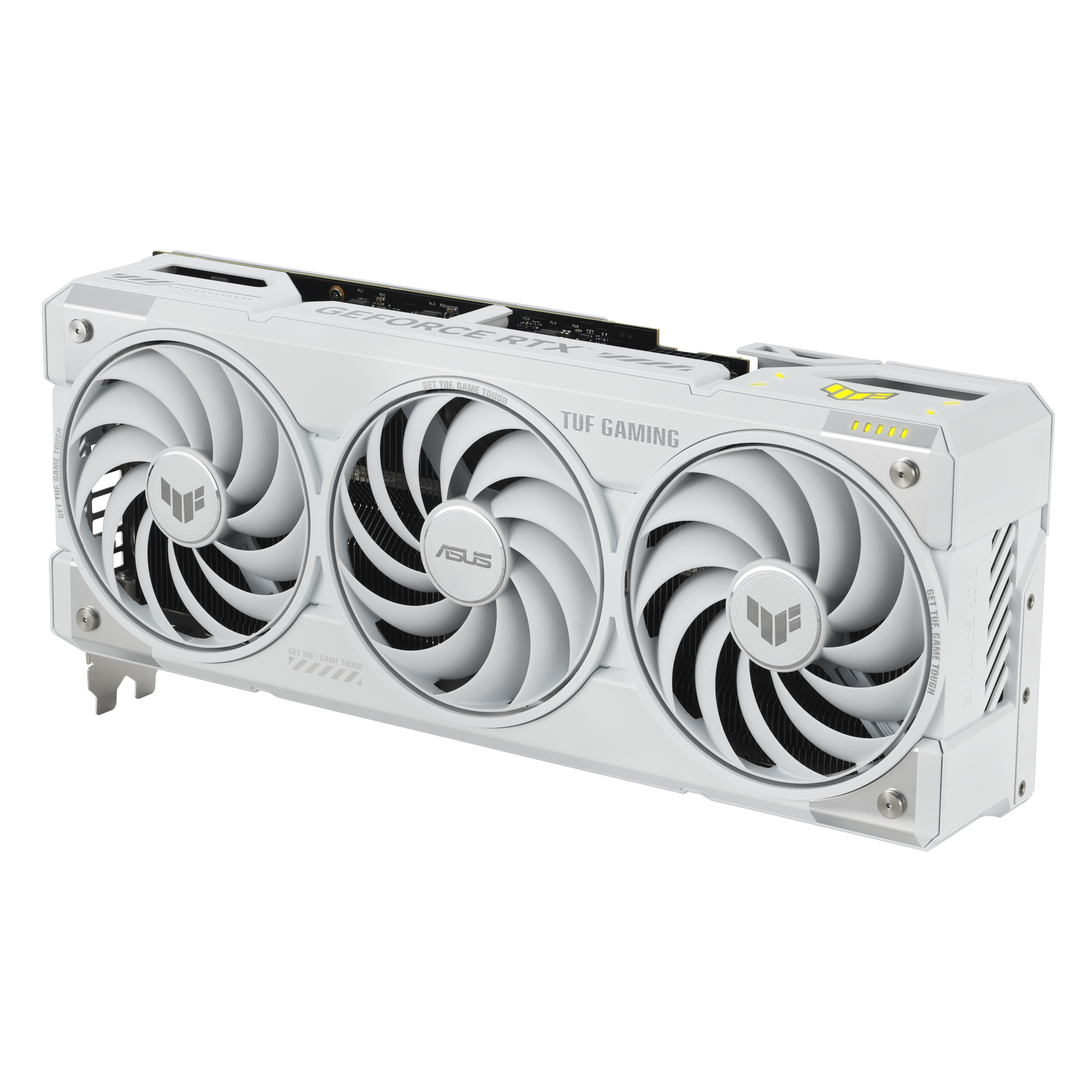 A large main feature product image of ASUS GeForce RTX 5070 Ti TUF Gaming OC 16GB GDDR7 - White