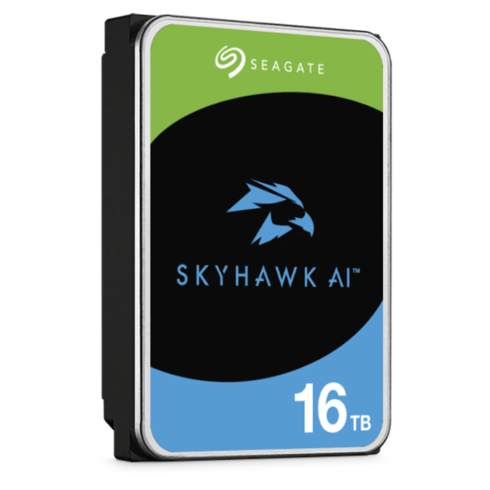 A large main feature product image of Seagate SkyHawk AI 3.5" Surveillance HDD - 16TB 256MB
