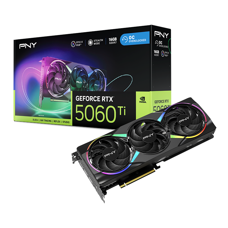 A large main feature product image of PNY GeForce RTX 5060 Ti ARGB OC 16GB GDDR7