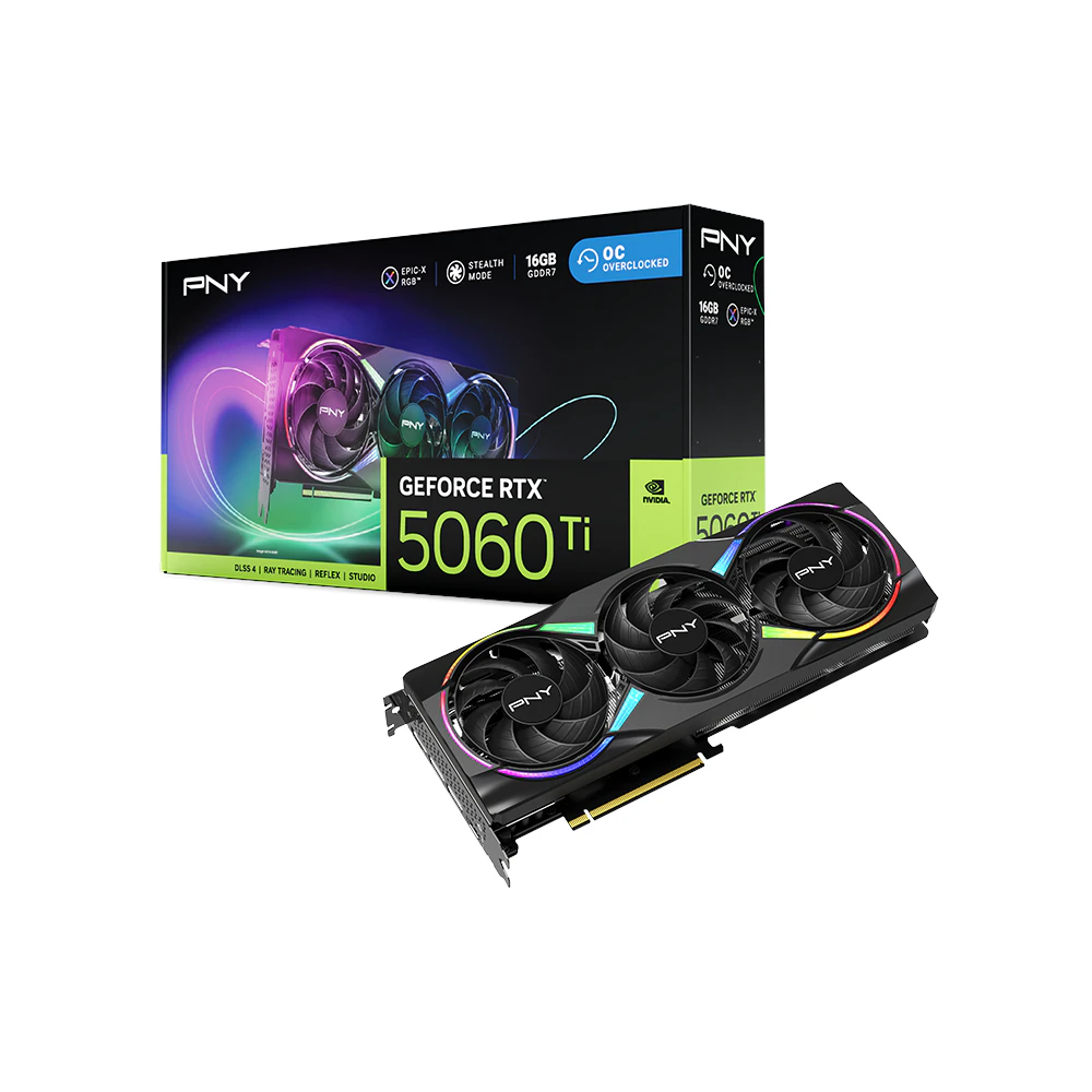 A large main feature product image of PNY GeForce RTX 5060 Ti ARGB OC 16GB GDDR7