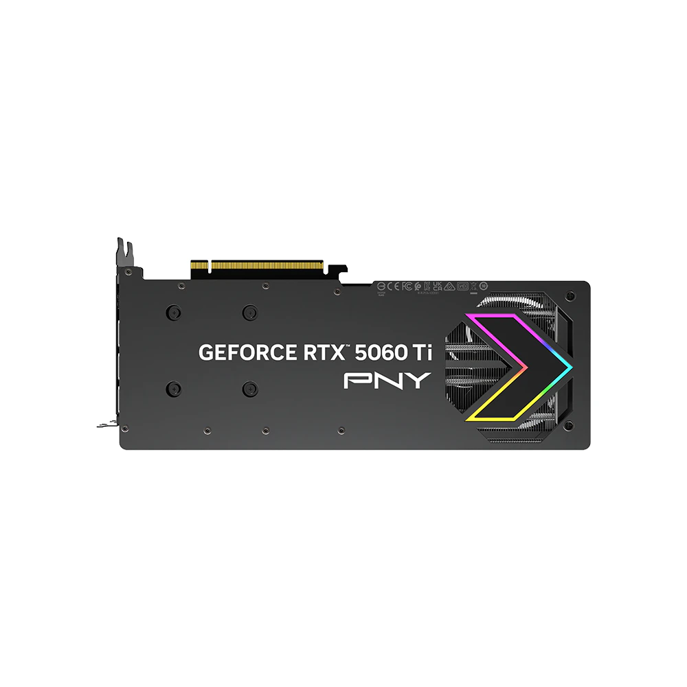A large main feature product image of PNY GeForce RTX 5060 Ti ARGB OC 16GB GDDR7