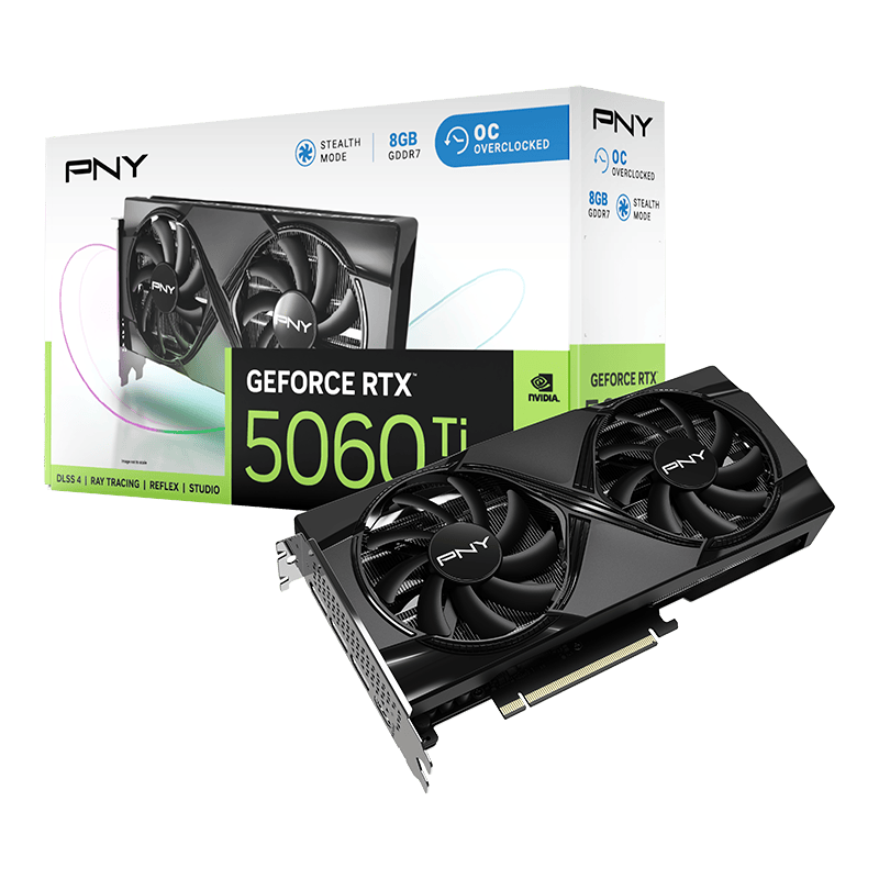 A large main feature product image of PNY GeForce RTX 5060 Ti Dual Fan OC 8GB GDDR7