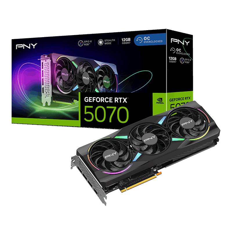 A large main feature product image of PNY GeForce RTX 5070 ARGB OC Triple Fan 12GB GDDR7