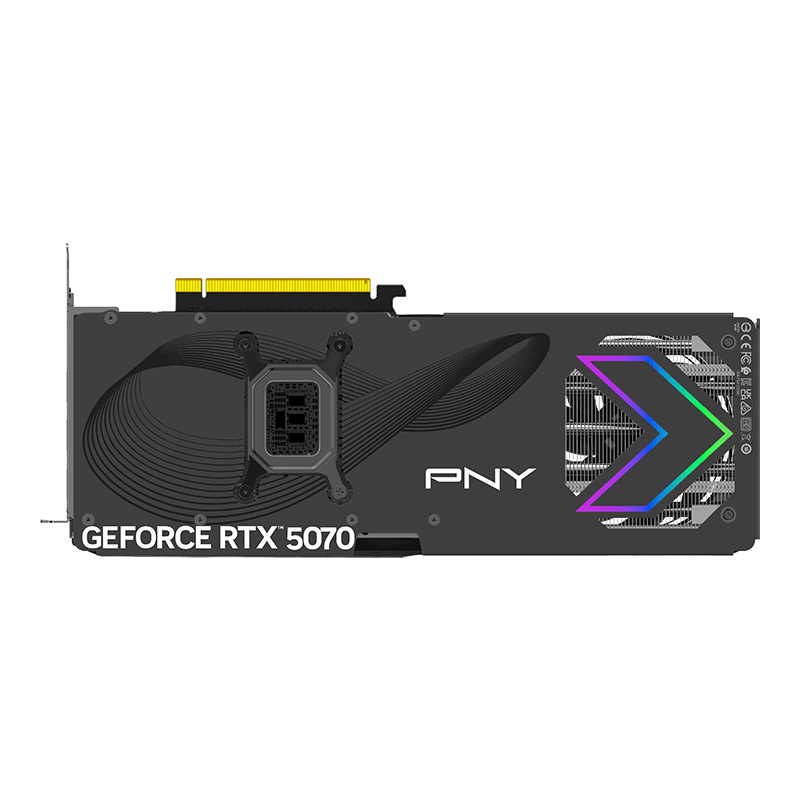 A large main feature product image of PNY GeForce RTX 5070 ARGB OC Triple Fan 12GB GDDR7