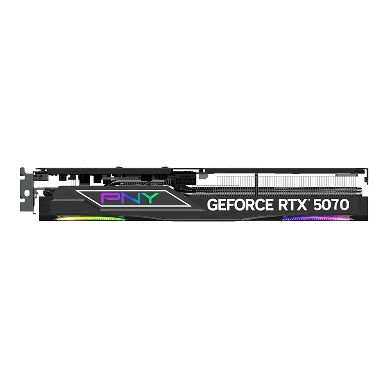 A large main feature product image of PNY GeForce RTX 5070 ARGB OC Triple Fan 12GB GDDR7