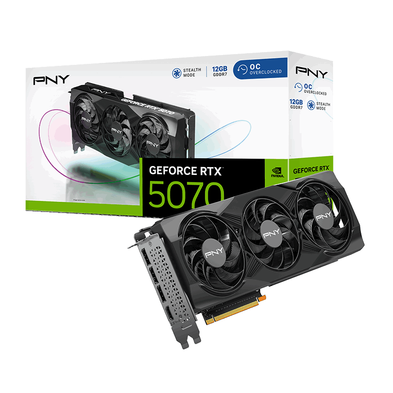 A large main feature product image of PNY GeForce RTX 5070 Triple Fan OC 12GB GDDR7