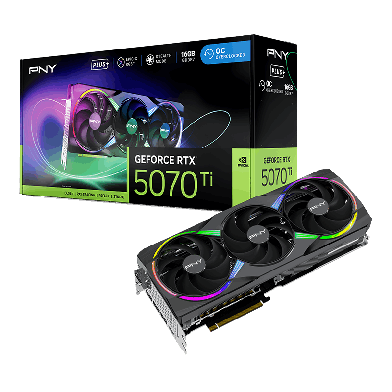 A large main feature product image of PNY GeForce RTX 5070 Ti ARGB Triple Fan PLUS OC 16GB GDDR7