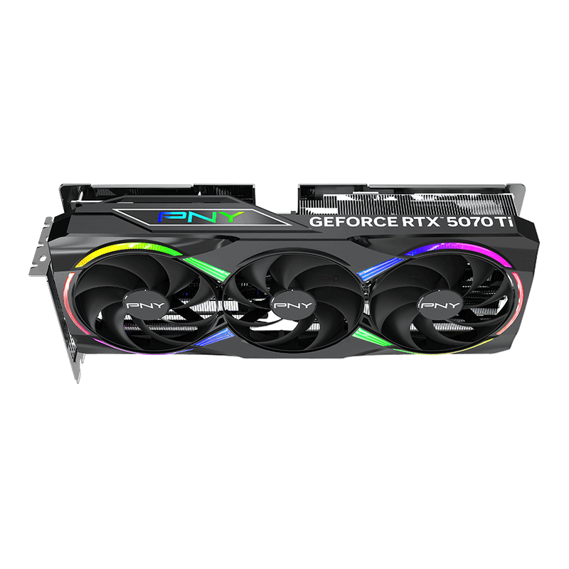 A large main feature product image of PNY GeForce RTX 5070 Ti ARGB Triple Fan PLUS OC 16GB GDDR7