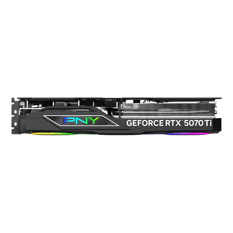 A large main feature product image of PNY GeForce RTX 5070 Ti ARGB Triple Fan PLUS OC 16GB GDDR7
