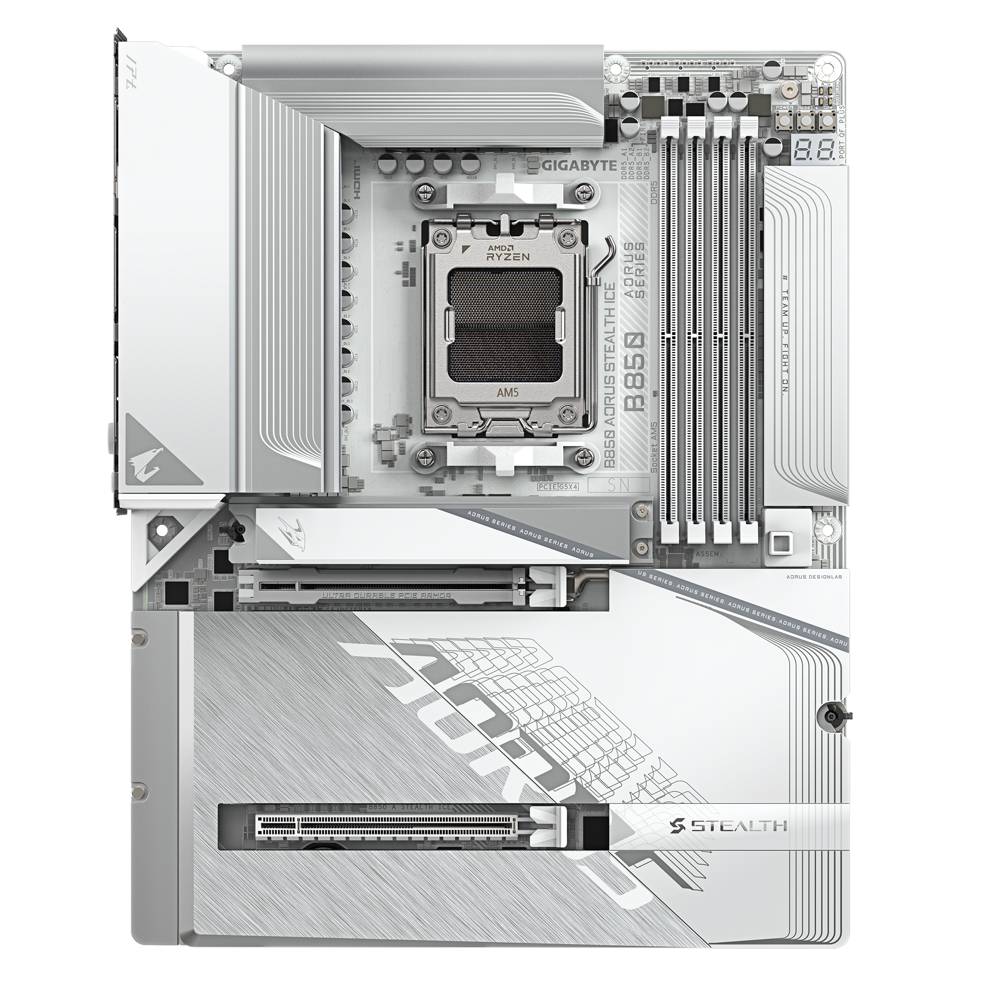 A large main feature product image of Gigabyte B850 AORUS STEALTH ICE AM5 ATX Desktop Motherboard