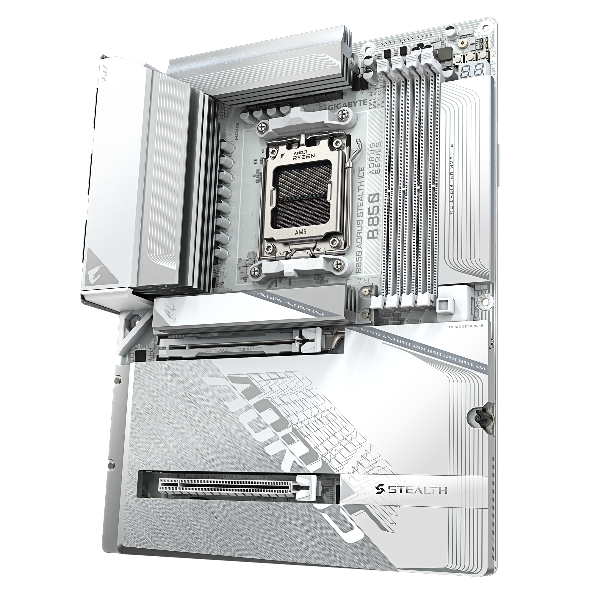 A large main feature product image of Gigabyte B850 AORUS STEALTH ICE AM5 ATX Desktop Motherboard
