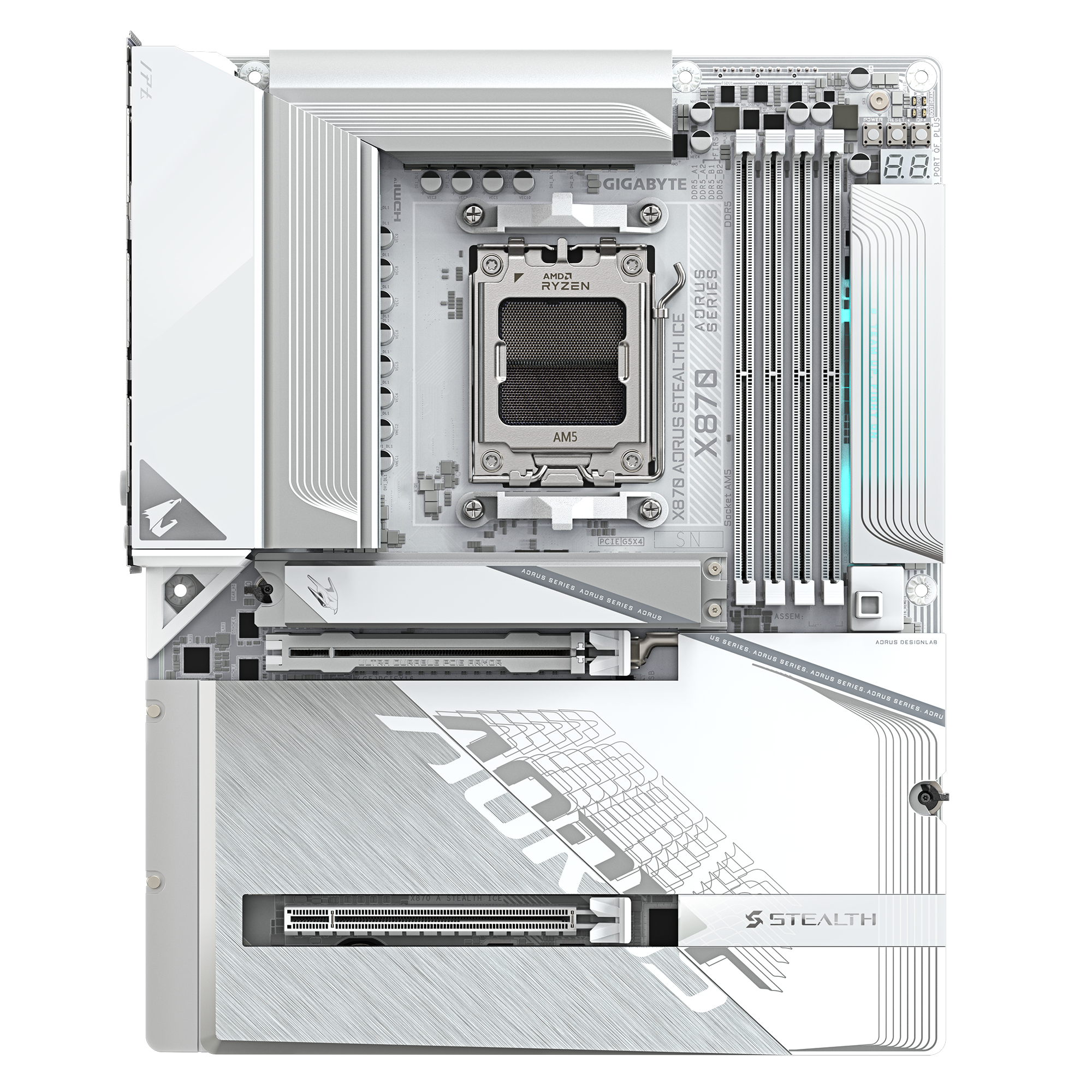 A large main feature product image of Gigabyte X870 AORUS STEALTH ICE AM5 ATX Desktop Motherboard