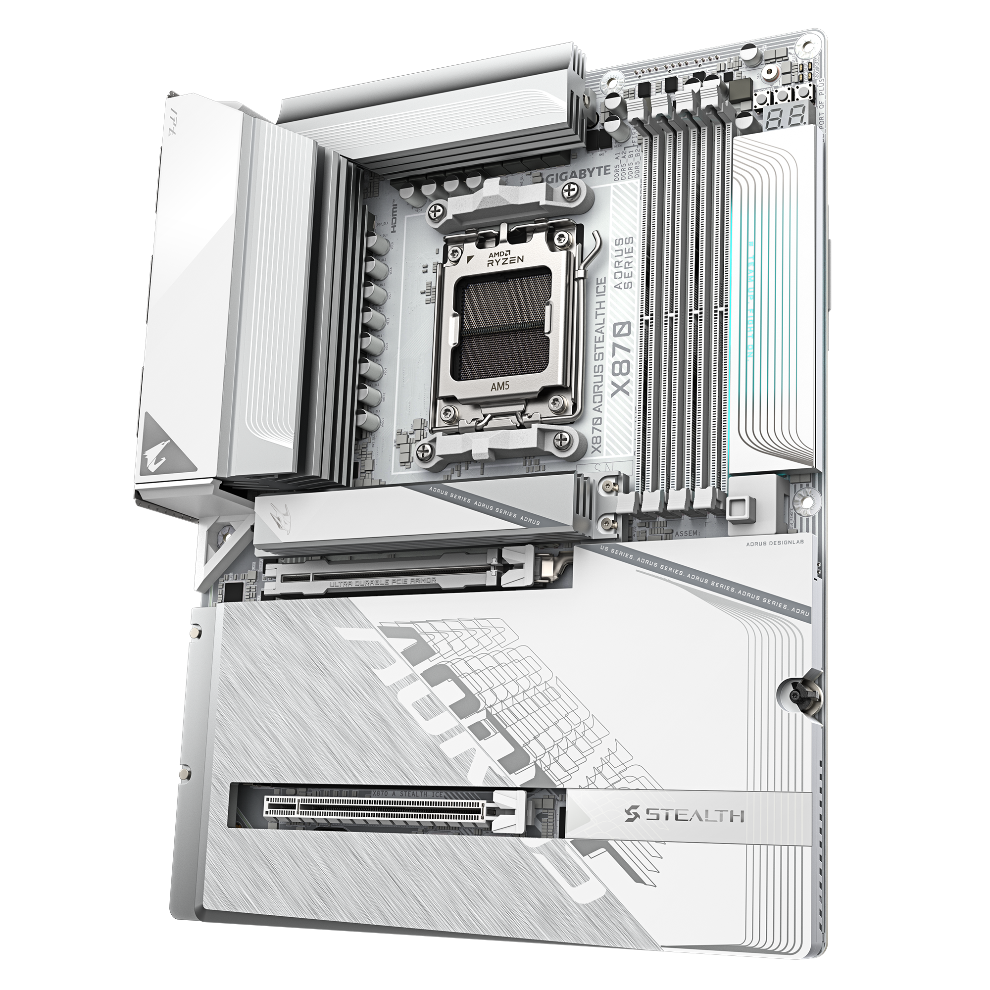 A large main feature product image of Gigabyte X870 AORUS STEALTH ICE AM5 ATX Desktop Motherboard