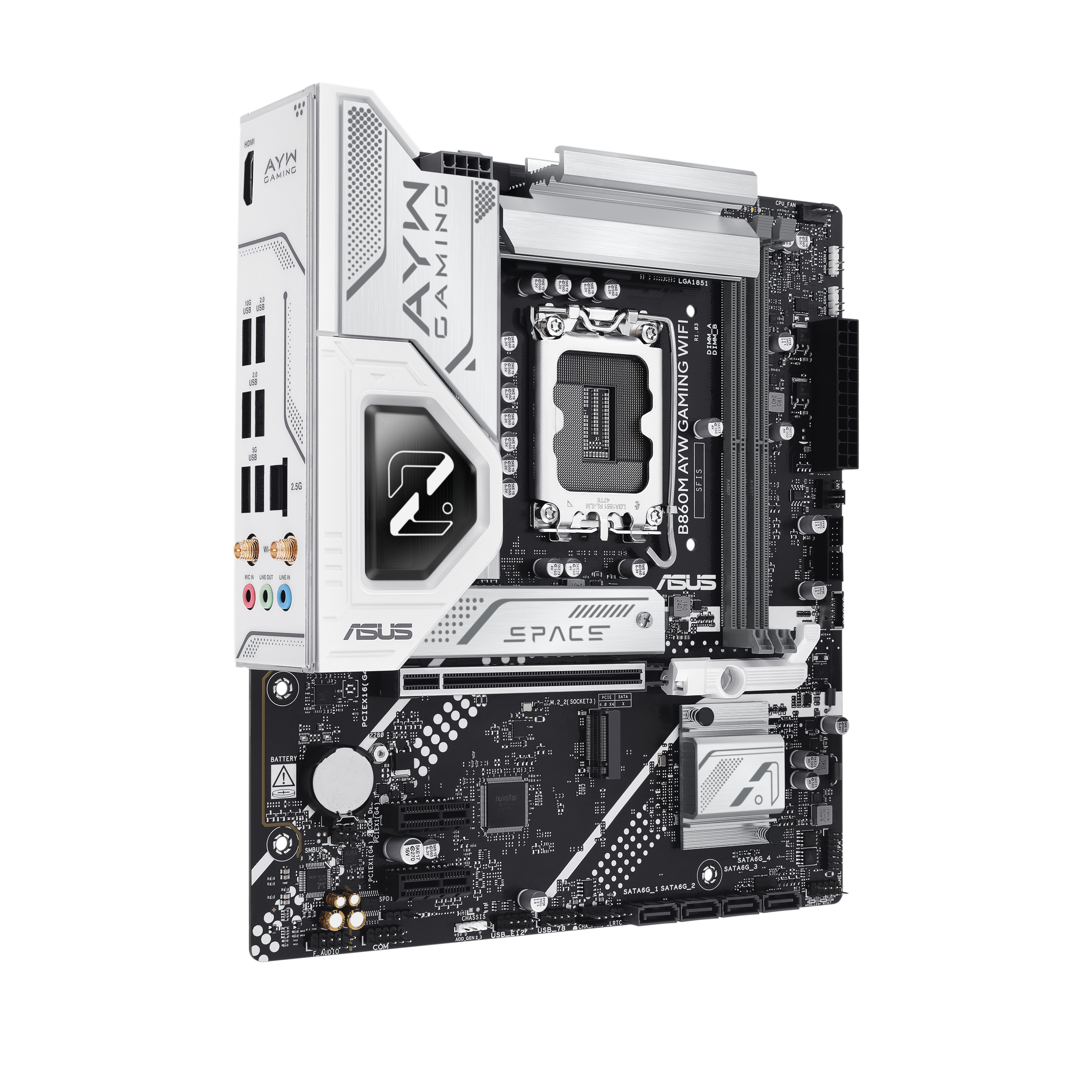 A large main feature product image of ASUS B860M AYW Gaming WiFi LGA1851 mATX Desktop Motherboard