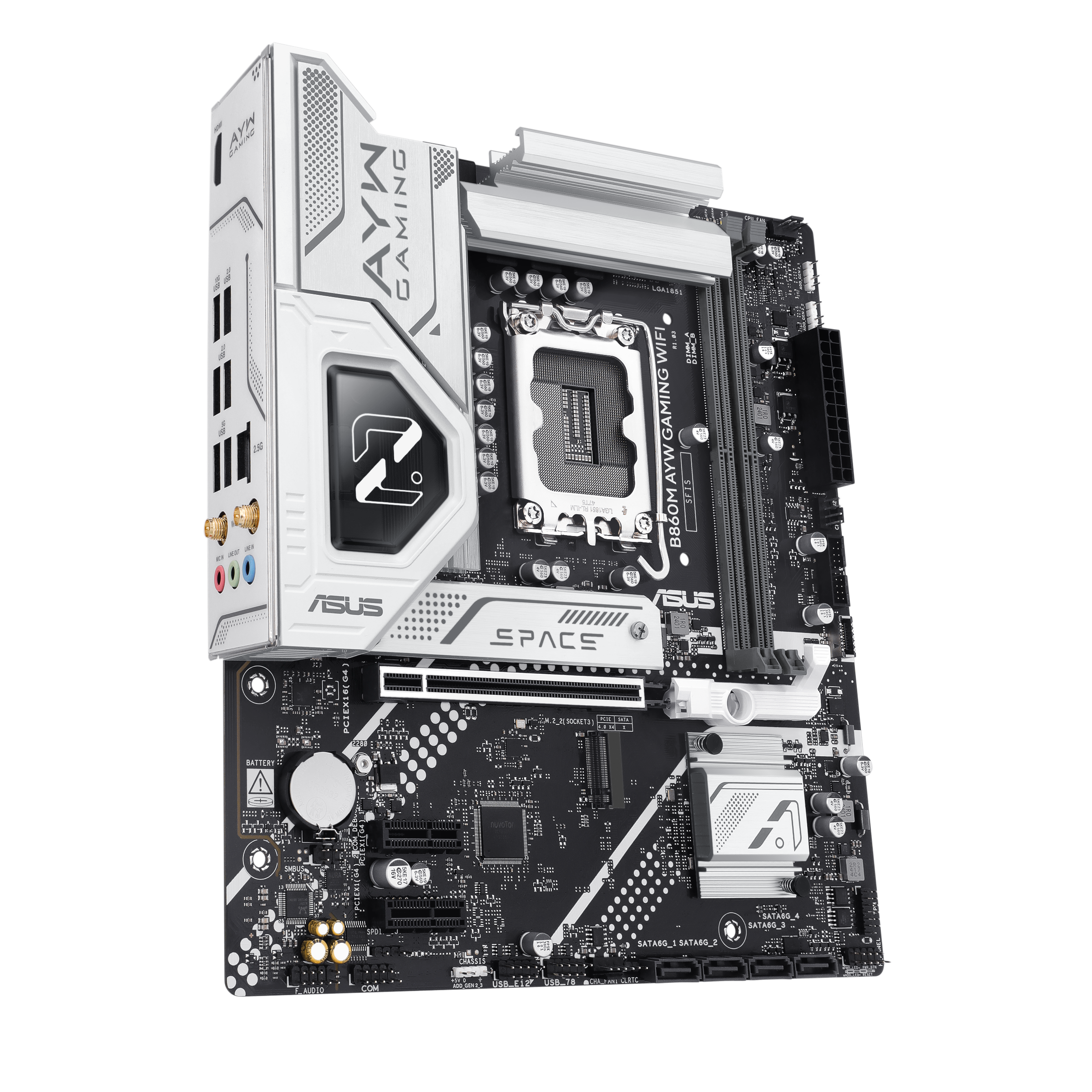 A large main feature product image of ASUS B860M AYW Gaming WiFi LGA1851 mATX Desktop Motherboard