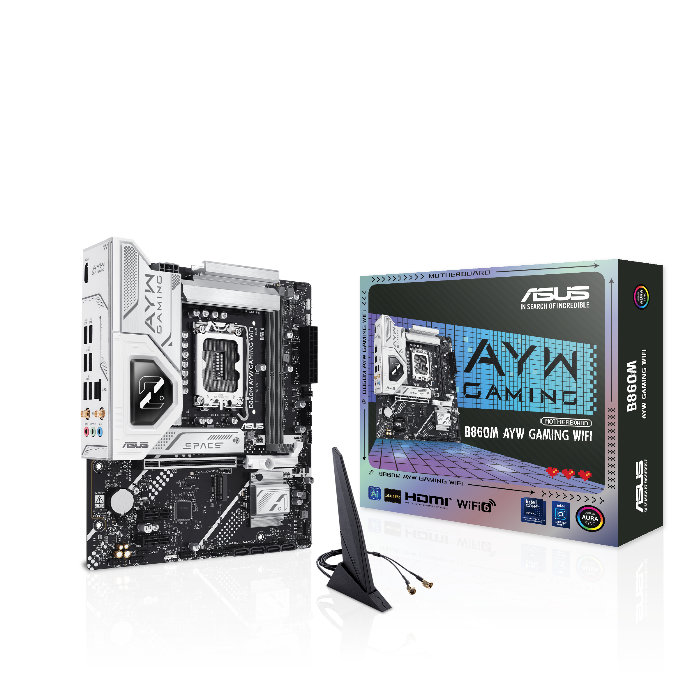 A large main feature product image of ASUS B860M AYW Gaming WiFi LGA1851 mATX Desktop Motherboard