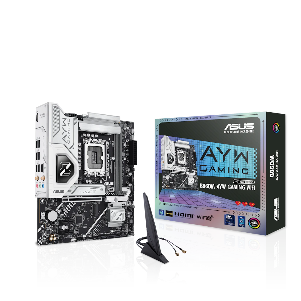 A large main feature product image of ASUS B860M AYW Gaming WiFi LGA1851 mATX Desktop Motherboard