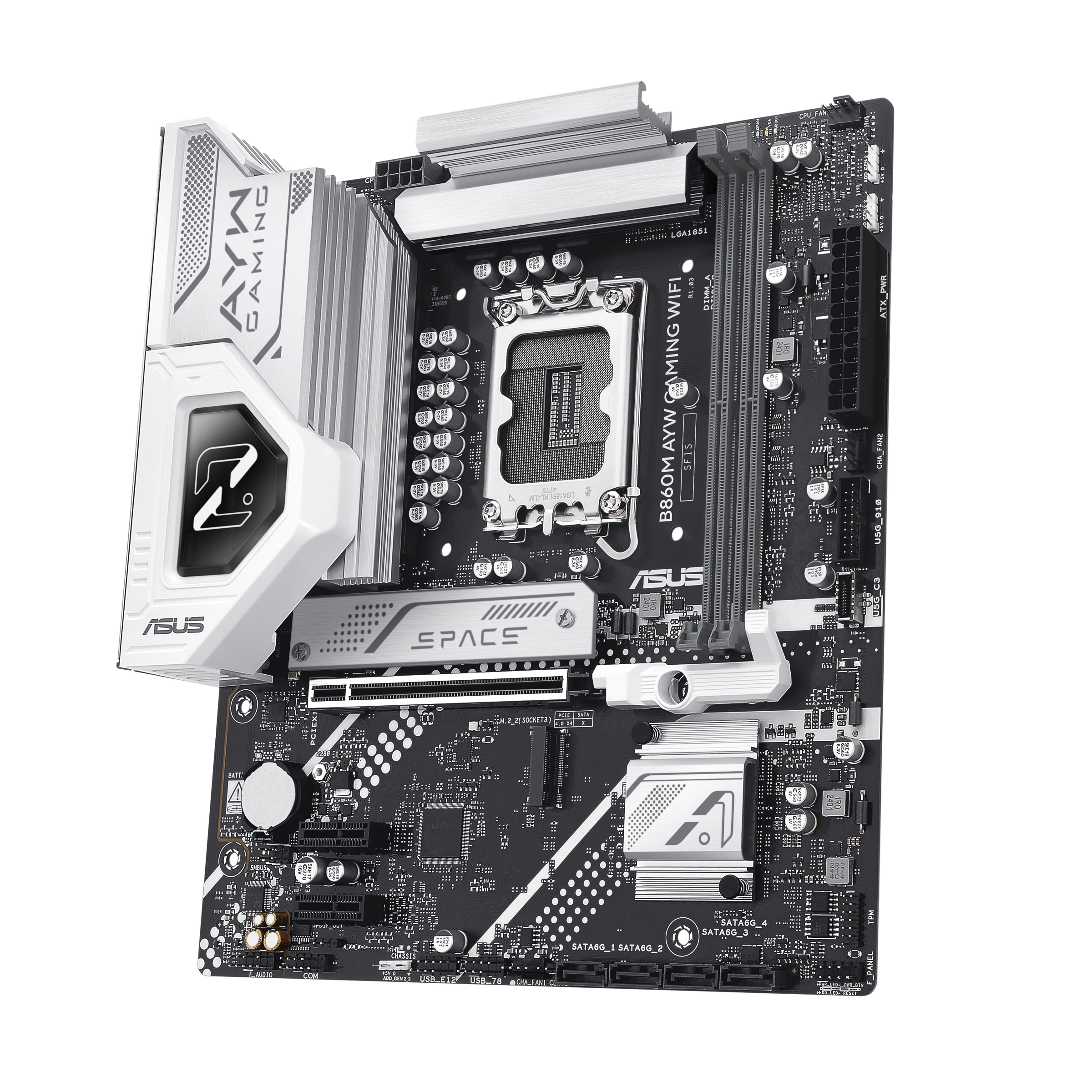 A large main feature product image of ASUS B860M AYW Gaming WiFi LGA1851 mATX Desktop Motherboard
