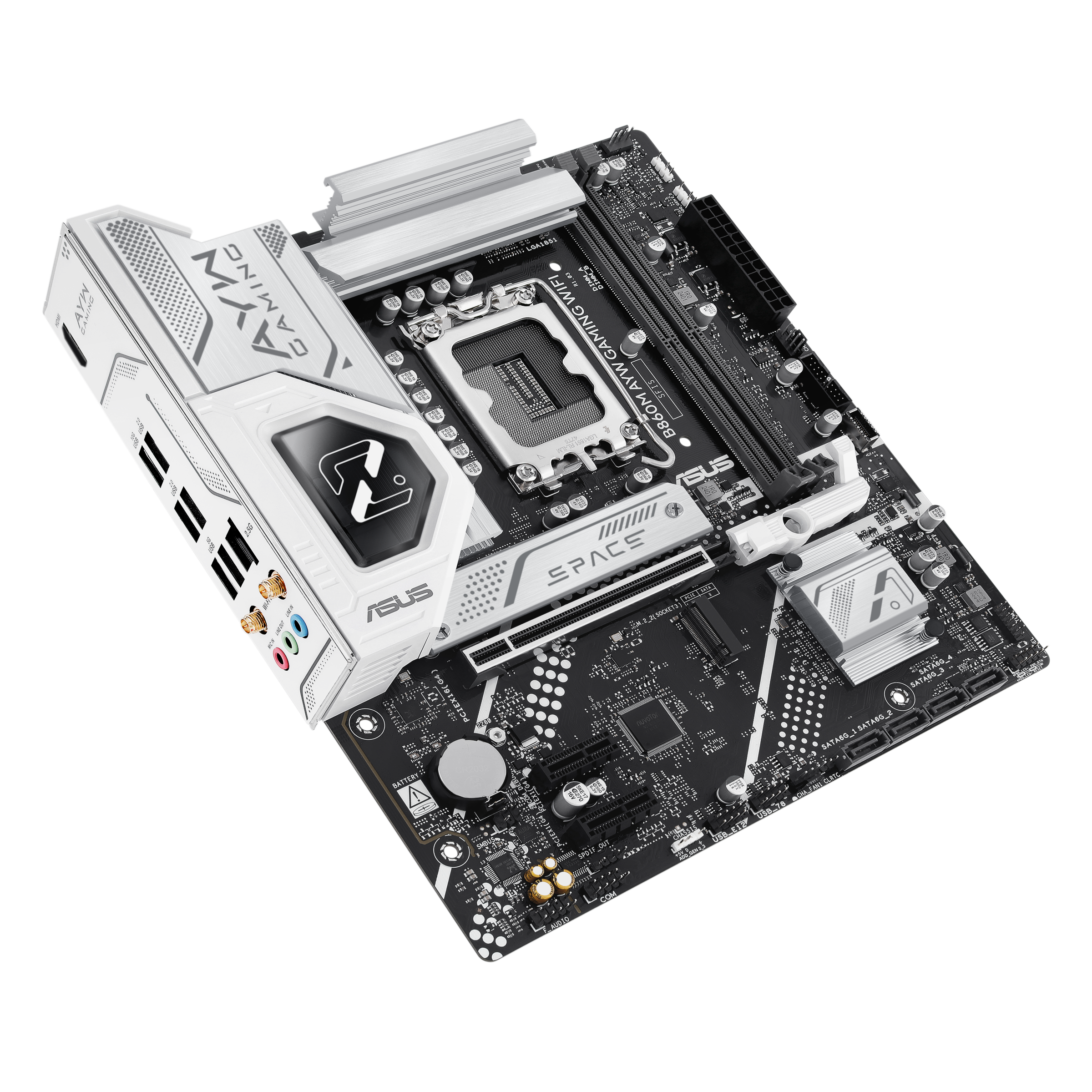 A large main feature product image of ASUS B860M AYW Gaming WiFi LGA1851 mATX Desktop Motherboard