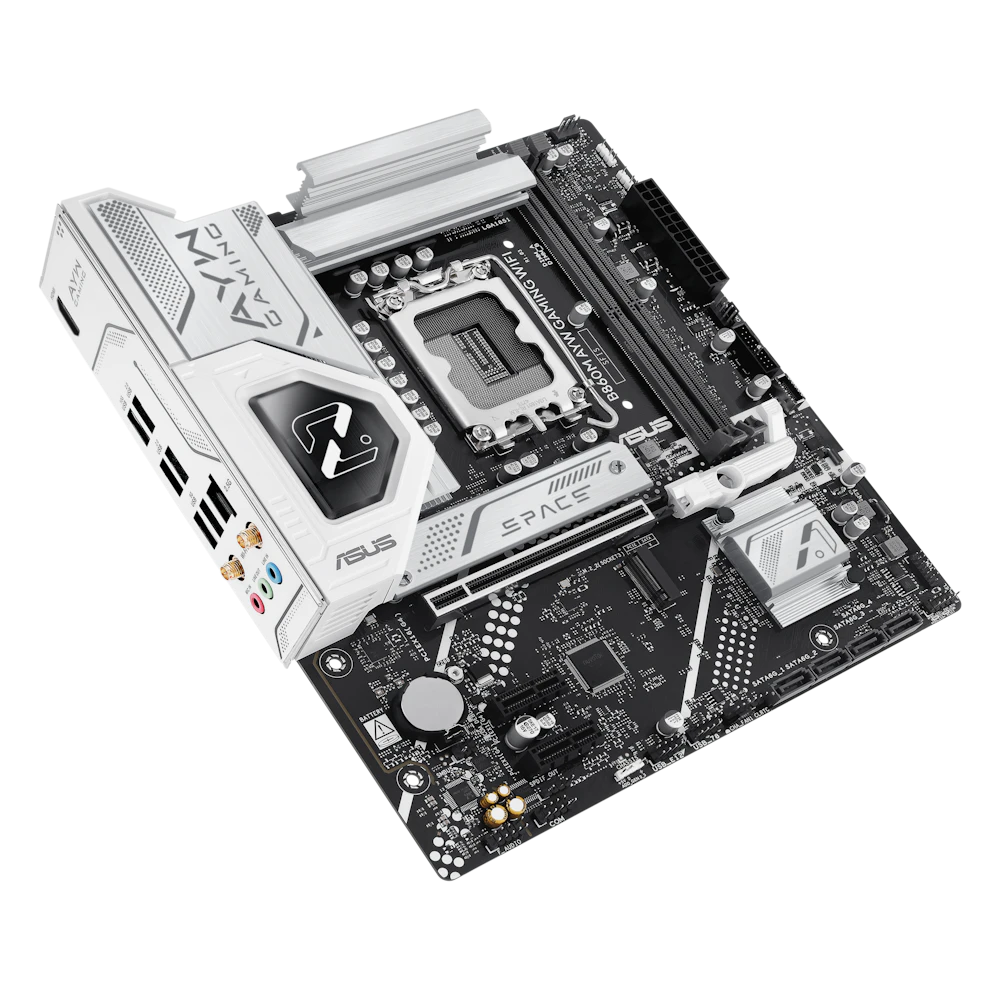 A large main feature product image of ASUS B860M AYW Gaming WiFi LGA1851 mATX Desktop Motherboard