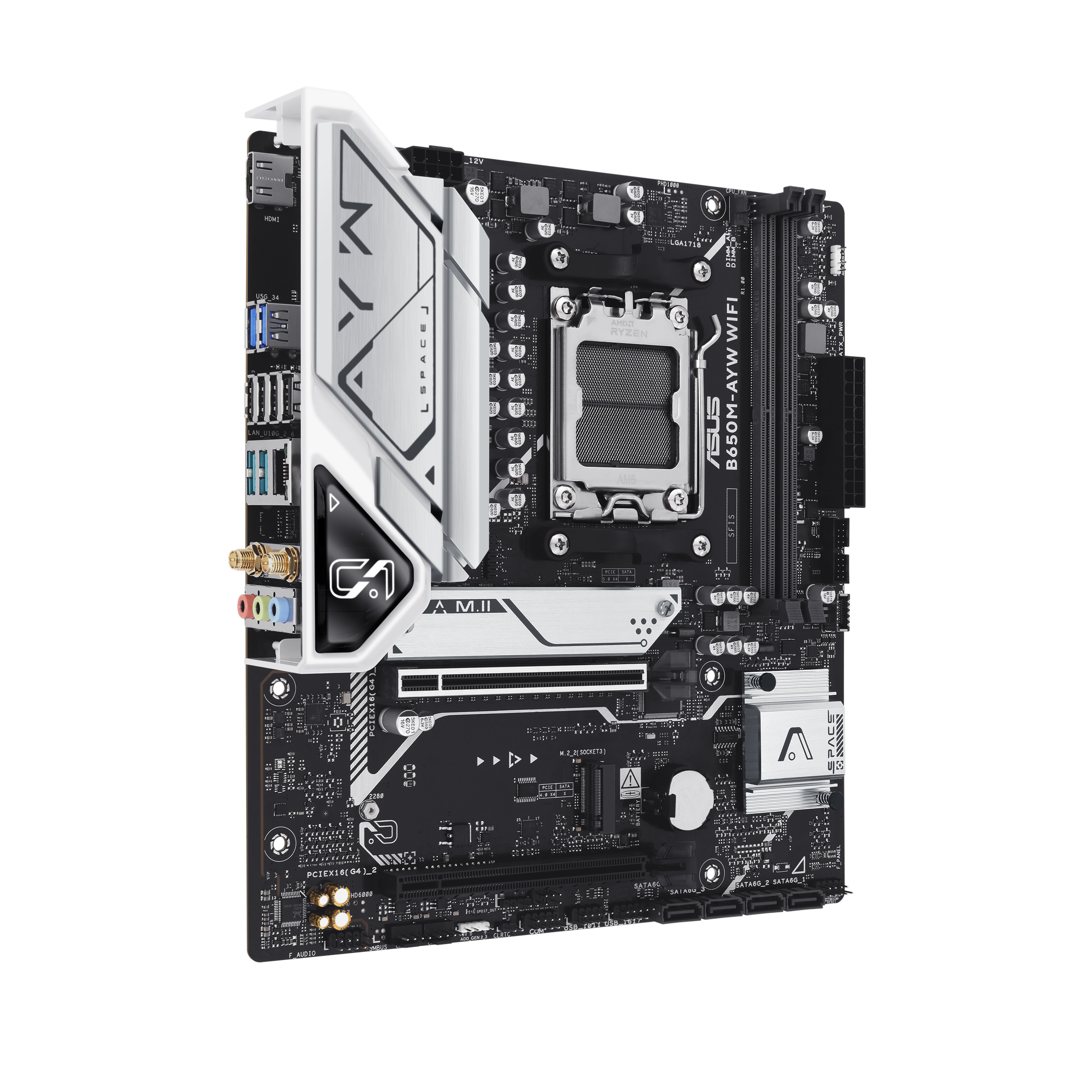 A large main feature product image of ASUS B650M AYW WiFi AM5 mATX Desktop Motherboard