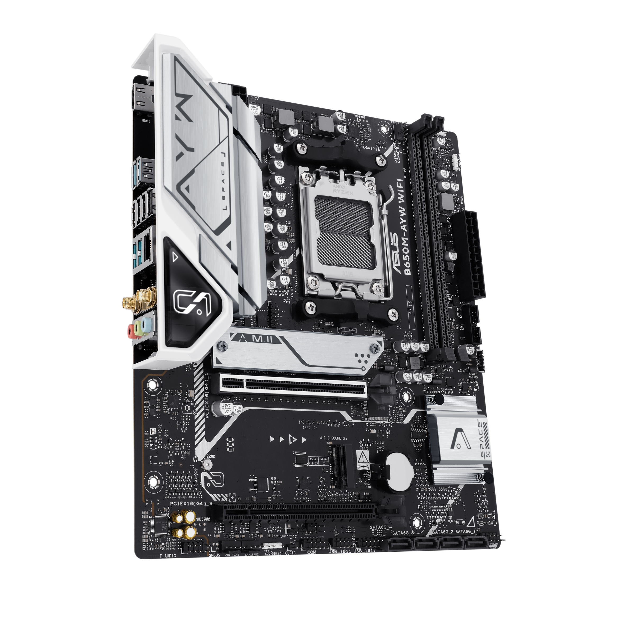 A large main feature product image of ASUS B650M AYW WiFi AM5 mATX Desktop Motherboard
