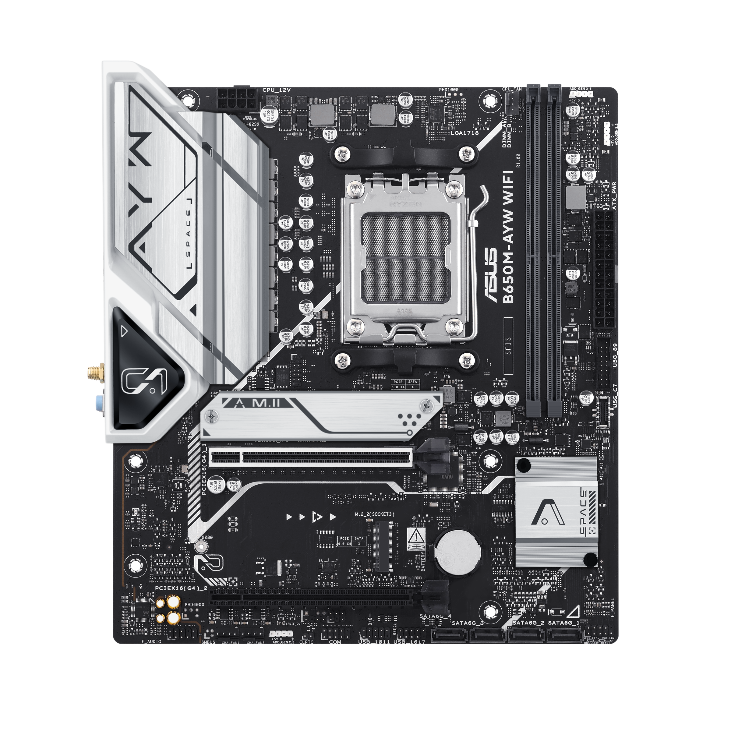 A large main feature product image of ASUS B650M AYW WiFi AM5 mATX Desktop Motherboard