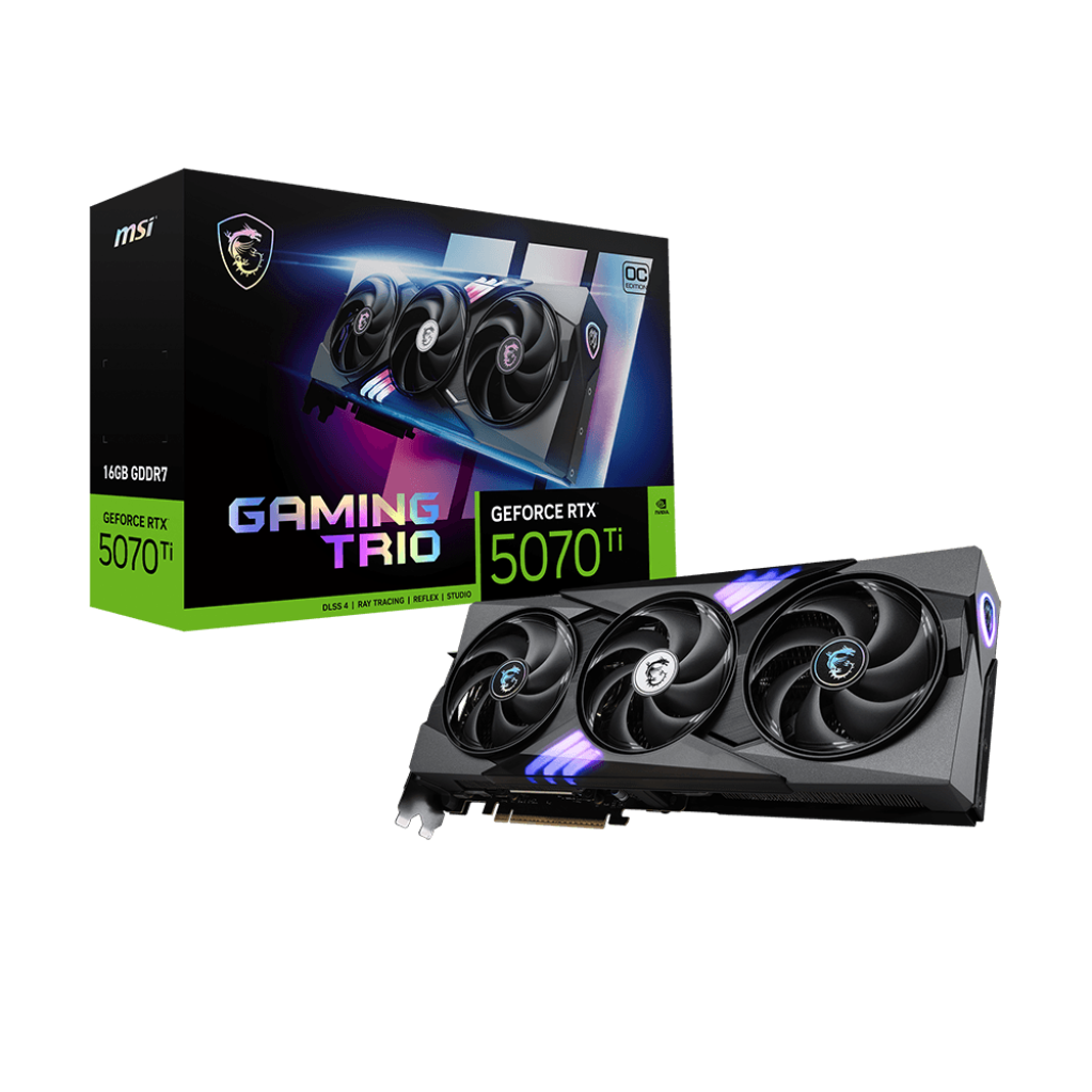A large main feature product image of MSI GeForce RTX 5070 Ti Gaming Trio OC 16GB GDDR7
