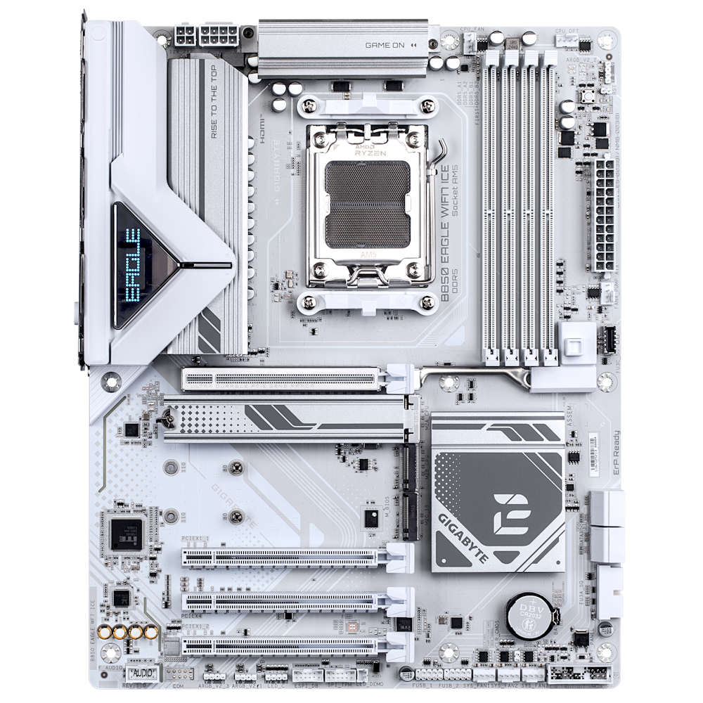 A large main feature product image of Gigabyte B850 Eagle WiFi7 ICE AM5 ATX Desktop Motherboard