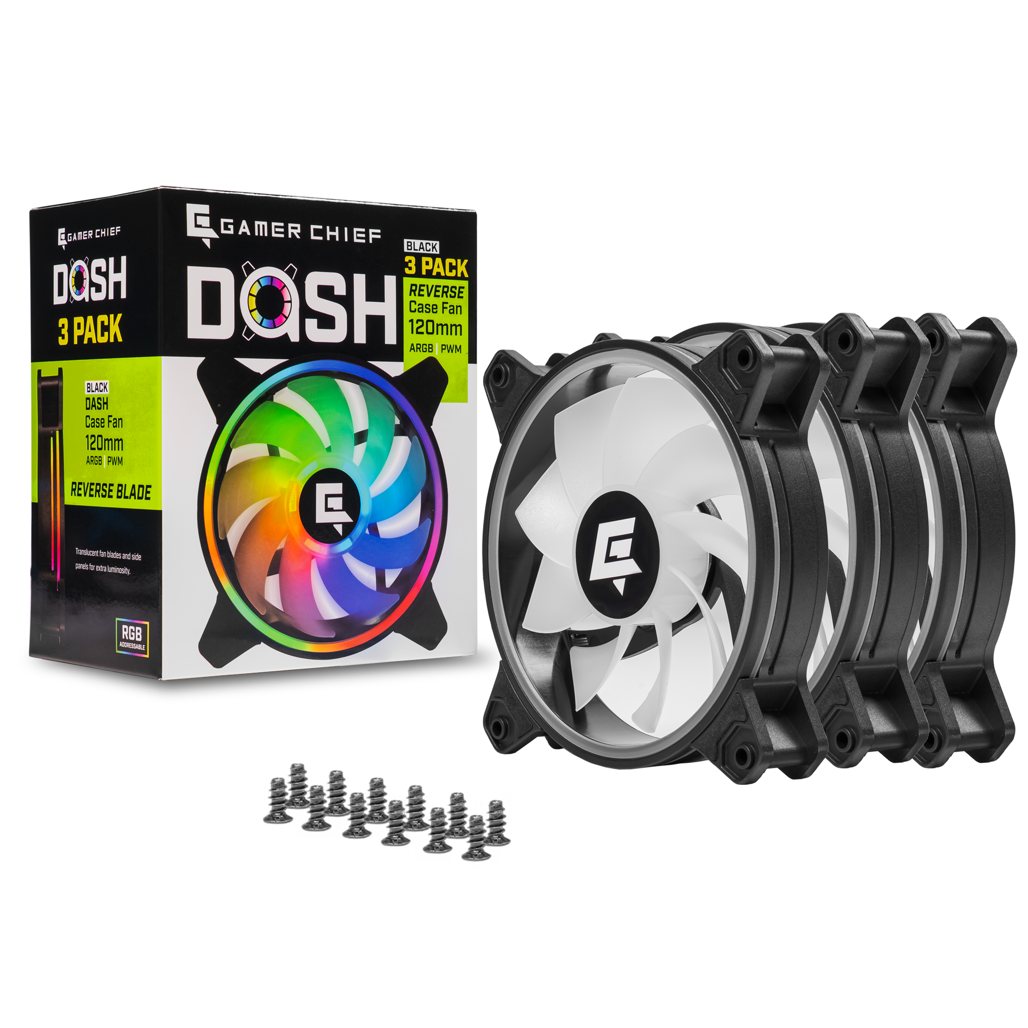 A large main feature product image of GamerChief Dash ARGB PWM 120mm Reverse Blade Fan 3 Pack - Black