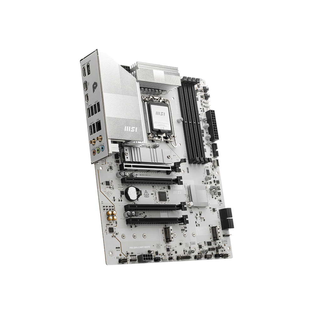 A large main feature product image of MSI PRO Z890-S WiFi LGA1851 ATX Desktop Motherboard - White