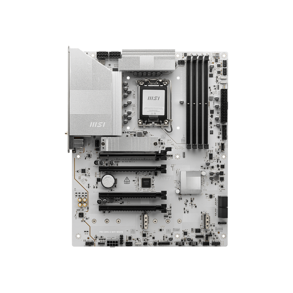 A large main feature product image of MSI PRO Z890-S WiFi LGA1851 ATX Desktop Motherboard - White