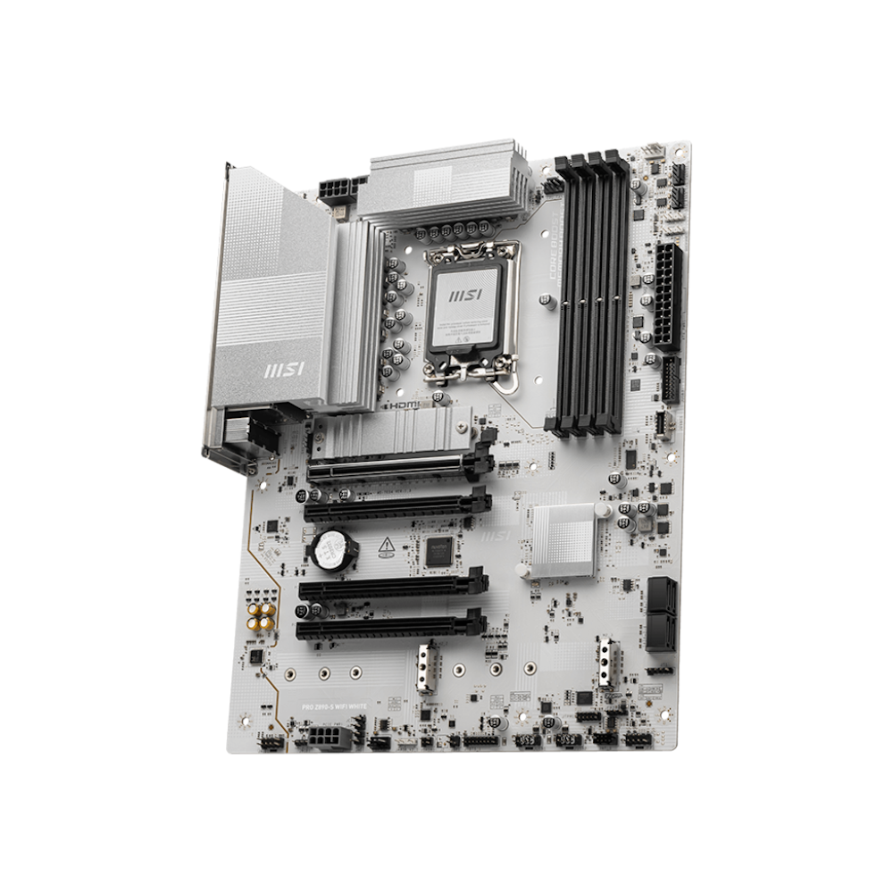 A large main feature product image of MSI PRO Z890-S WiFi LGA1851 ATX Desktop Motherboard - White