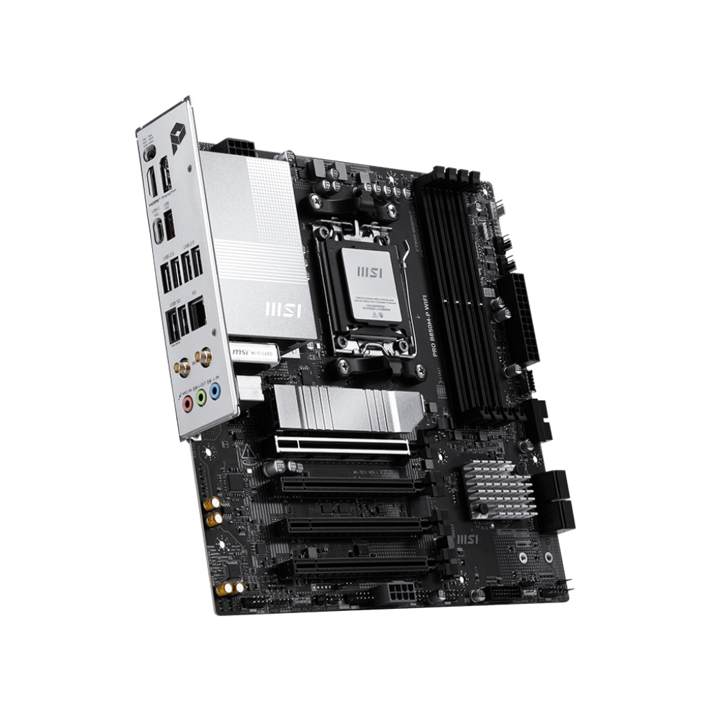 A large main feature product image of MSI PRO B850M-P WiFi AM5 mATX Desktop Motherboard