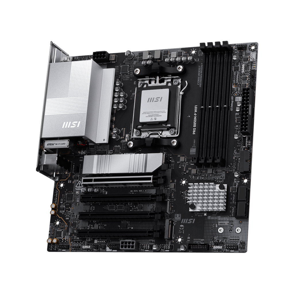 A large main feature product image of MSI PRO B850M-P WiFi AM5 mATX Desktop Motherboard