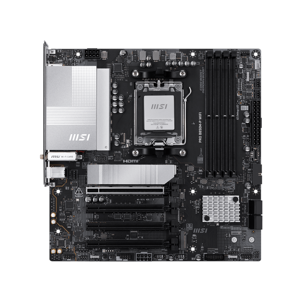 A large main feature product image of MSI PRO B850M-P WiFi AM5 mATX Desktop Motherboard