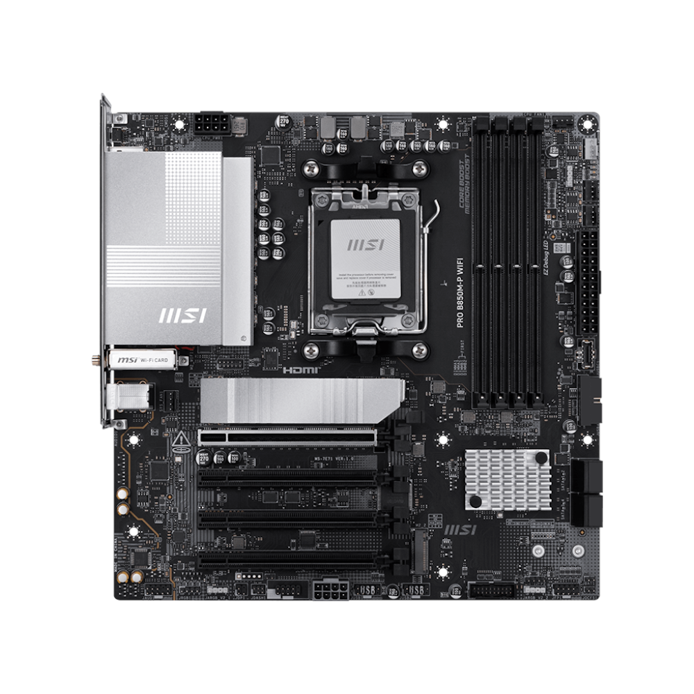 A large main feature product image of MSI PRO B850M-P WiFi AM5 mATX Desktop Motherboard