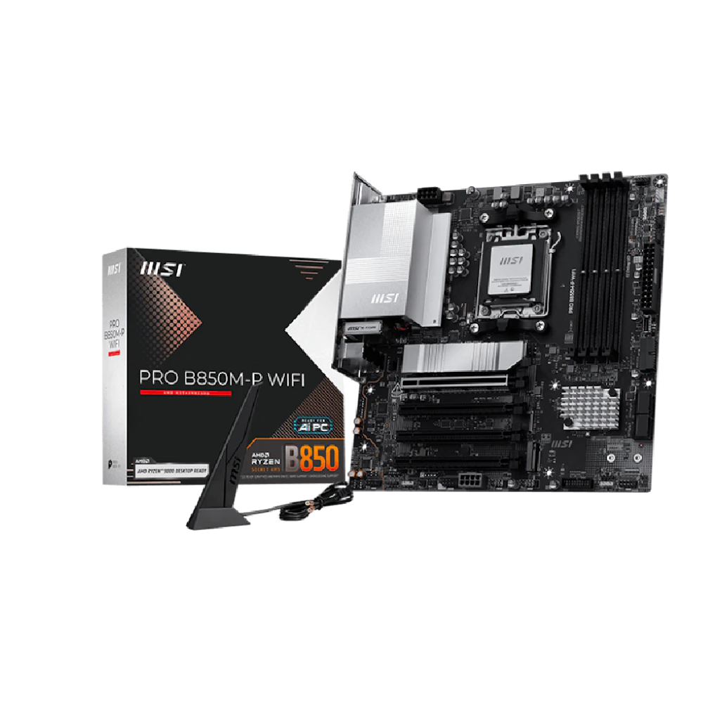 A large main feature product image of MSI PRO B850M-P WiFi AM5 mATX Desktop Motherboard