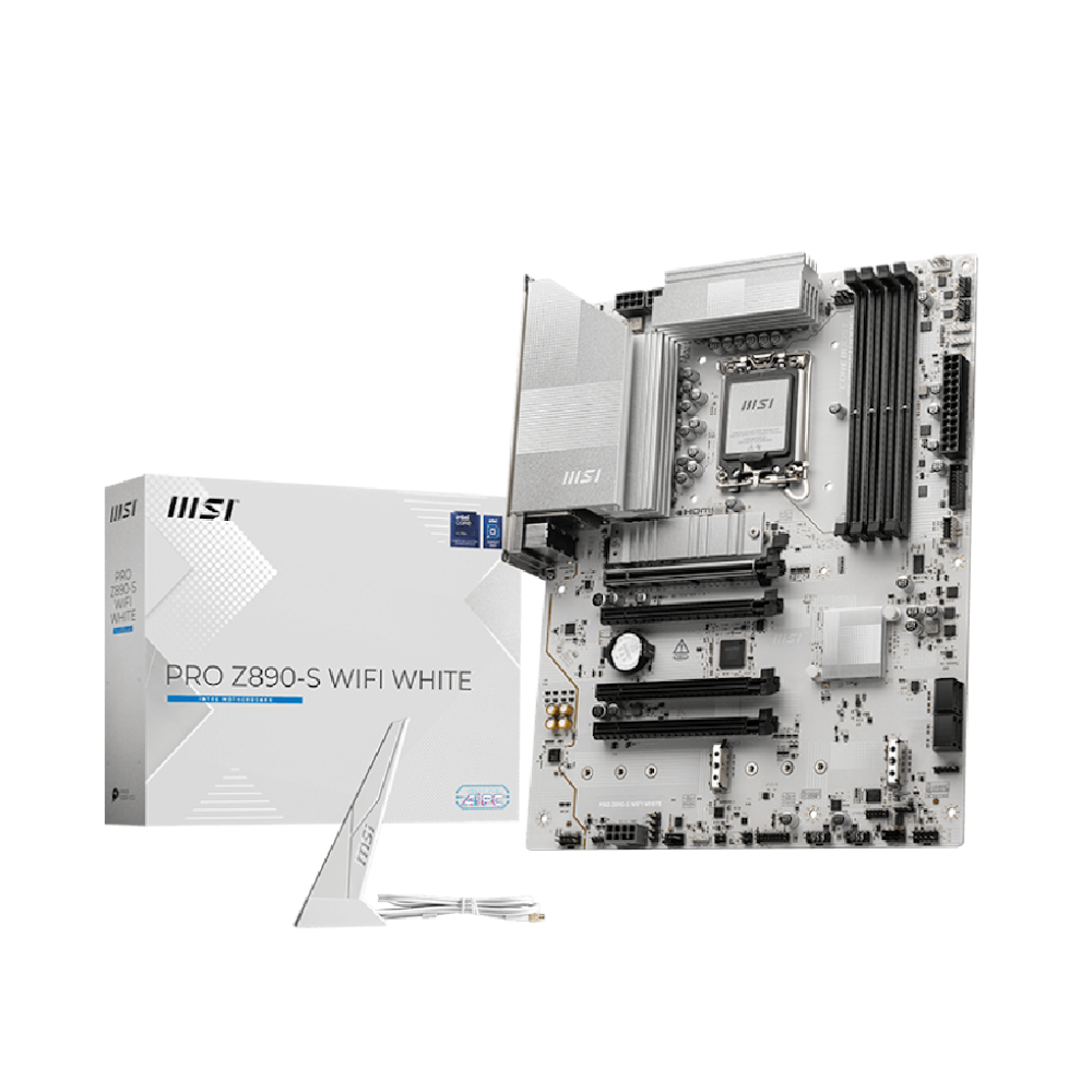 A large main feature product image of MSI PRO Z890-S WiFi LGA1851 ATX Desktop Motherboard - White